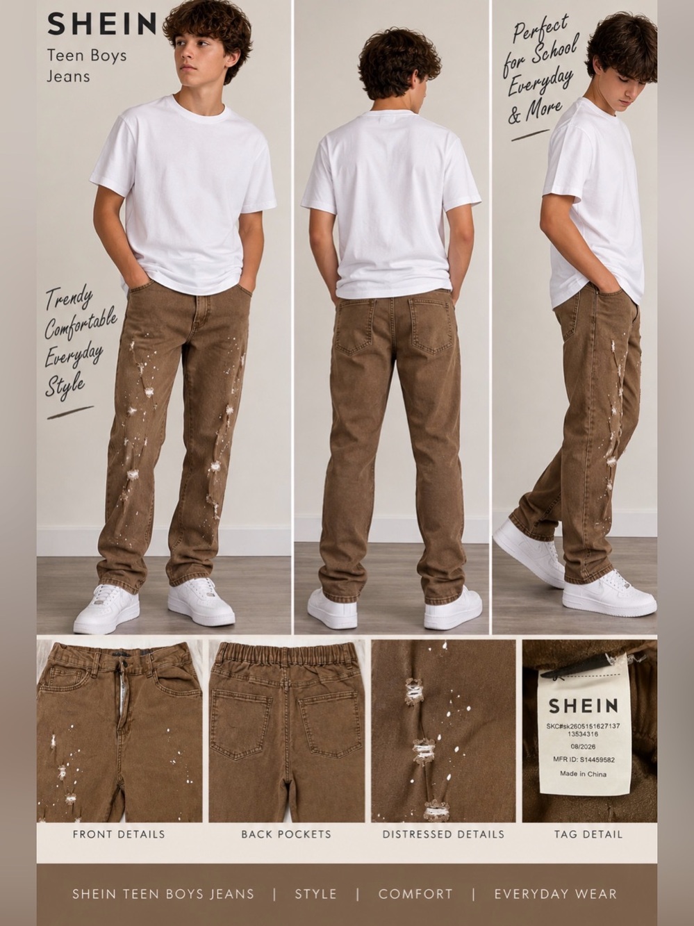 SHEIN Teen Boys Brown Distressed Paint Splatter Jeans Size 16Y – New in Bag
